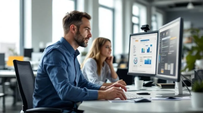 Ausbilder in einem Koblenzer IT-Service erklärt einer Auszubildenden eine Anwendung