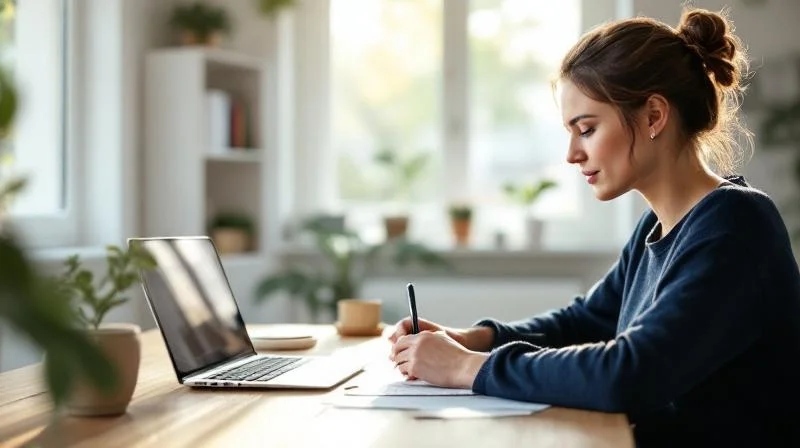 Frau sitzt an einem Schreibtisch in Koblenz und fuellt Formulare fuer eine Weiterbildung aus