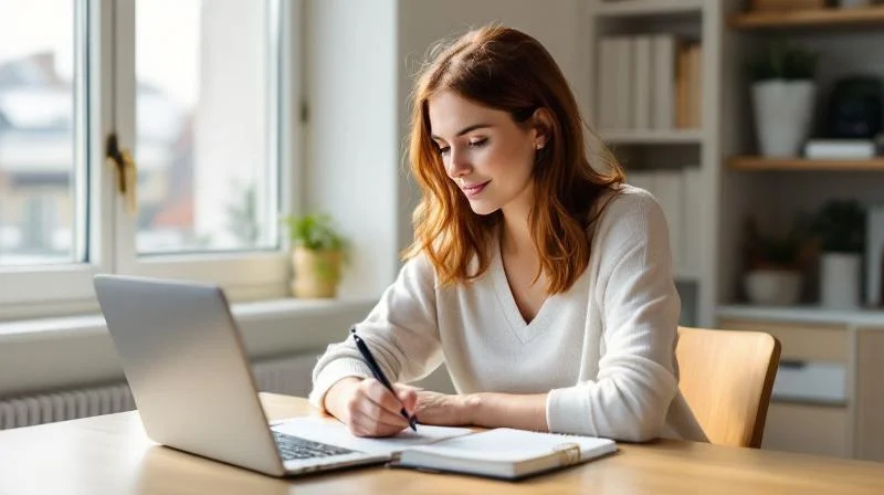 Frau mit Notizblock vor Laptop bei einer Online-Fortbildung in Koblenz