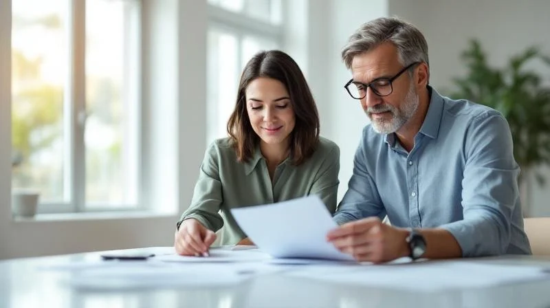 Zwei Personen besprechen Unterlagen in einem hellen Buero in Koblenz