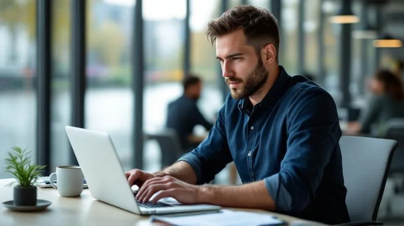 Mann am Laptop plant Karriereschritte in einem hellen Buero in Koblenz