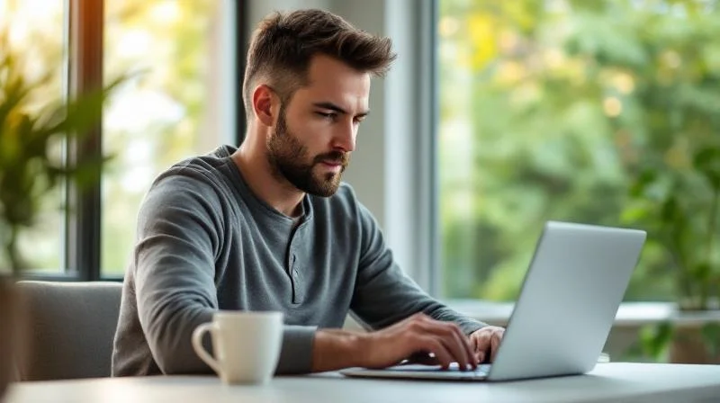 Mann arbeitet konzentriert am Laptop in einem modernen Buero in Koblenz