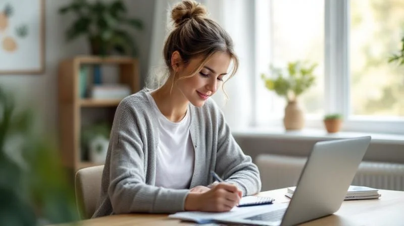 Frau lernt am Laptop in einem hellen Raum mit Blick auf die Koblenzer Altstadt