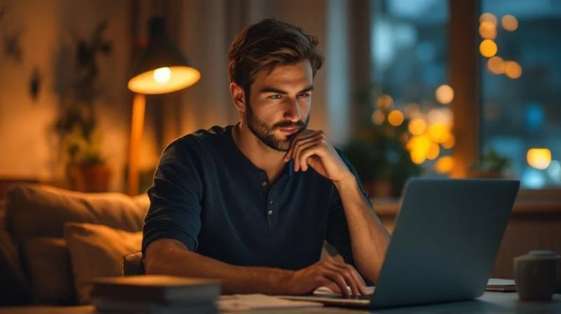 Mann lernt abends am Laptop in seinem Wohnzimmer in Koblenz